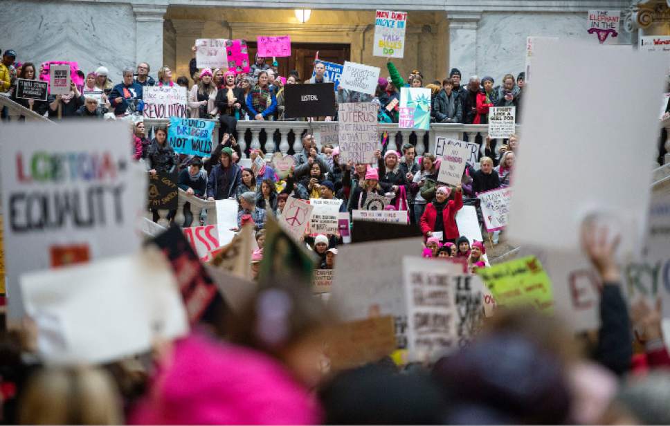 Steve Griffin / The Salt Lake Tribune

Thousands of people attend the Women's March on the Capitol which began at City Creek Park, and proceeded up State Street to the State Capitol. Participants filled the Rotunda for a rally against bills and stands they say hurt women. in Salt Lake City Monday January 23, 2017.