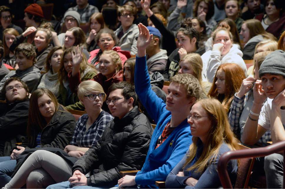 Al Hartmann  |  The Salt Lake Tribune
Utah high school students had many questions to ask top marine scientists and filmakers after watching a screening of the Sundance documentary "Chasing Coral" in Salt Lake City on Tuesday, Jan. 24.