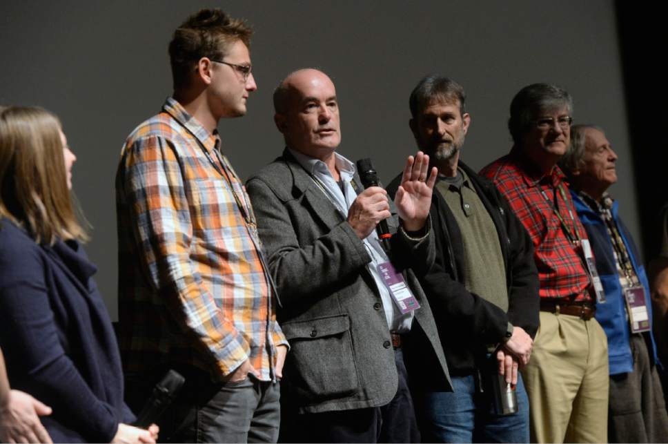 Al Hartmann  |  The Salt Lake Tribune
Documentary cinematographer Zackery Rago, left, is joined by top marine scientists Ove Hoegh-Guldberg, (speaking), Mark Eakin, James Porter and  John (Charlie) Vernon to answer Utah high school student questions about the death of coral reefs throughout the world after watching a  screening of the Sundance documentary "Chasing Coral" in Salt Lake City on Tuesday, Jan. 24.
