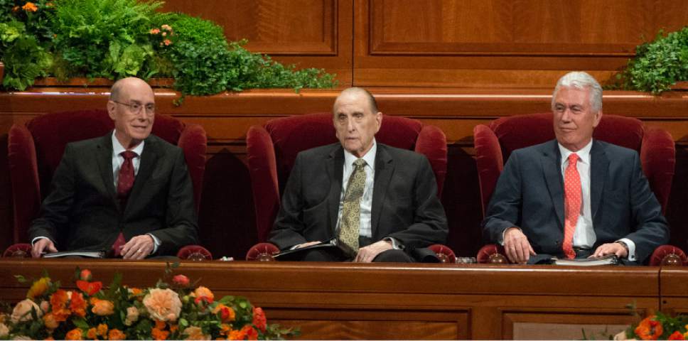 Leah Hogsten  |  The Salt Lake Tribune
l-r First Counselor Henry B. Eyring, President Thomas S. Monson and Second Counselor Dieter F. Uchtdorf during the morning session of the 186th Semiannual General Conference of The Church of Jesus Christ of Latter-day Saints at the Conference Center in Salt Lake City, October 1, 2016.