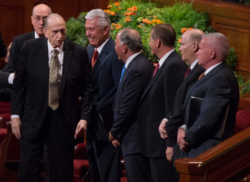 Leah Hogsten  |  The Salt Lake Tribune
 President Thomas S. Monson draws a laugh from Second Counselor Dieter F. Uchtdorf and members of The Quorum of the Twelve Apostles during the 186th Semiannual General Conference of The Church of Jesus Christ of Latter-day Saints in Salt Lake City, October 1, 2016.