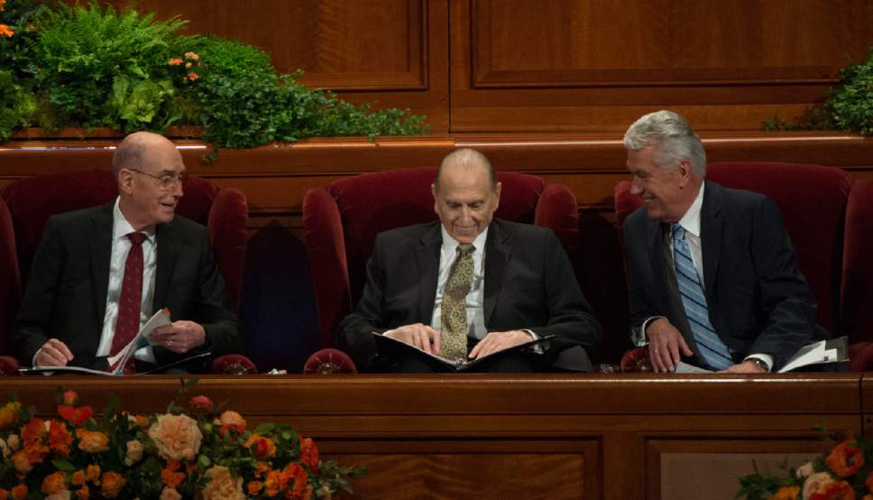 Leah Hogsten  |  The Salt Lake Tribune
l-r First Counselor Henry B. Eyring, President Thomas S. Monson and Second Counselor Dieter F. Uchtdorf share a laugh during the afternoon session of the 186th Semiannual General Conference of The Church of Jesus Christ of Latter-day Saints in Salt Lake City, October 1, 2016.