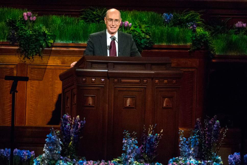 Chris Detrick  |  The Salt Lake Tribune
President Henry B. Eyring, first counselor in the First Presidency, speaks during the morning session of the 186th LDS General Conference at the Conference Center in Salt Lake City Saturday April 2, 2016.
