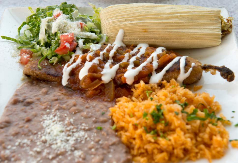 Rick Egan  |  The Salt Lake Tribune

The two-item combination platter with chile relleno and chicken tamale, rice and beans, at Chile-Tepin, a new Mexican restaurant in downtown Salt Lake City.