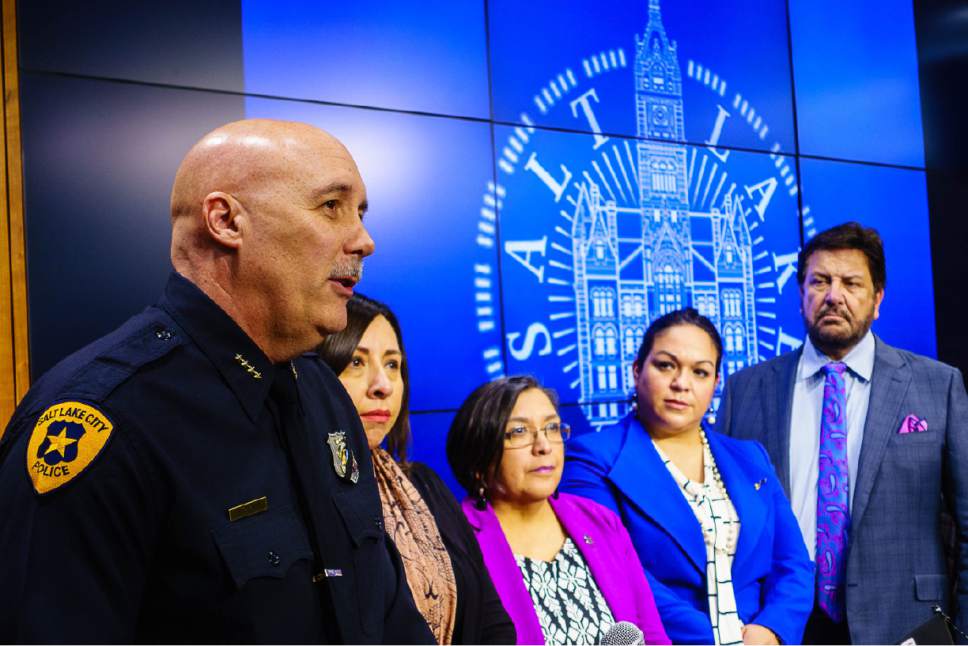 Trent Nelson  |  The Salt Lake Tribune
Salt Lake City Police Chief Mike Brown speaks as House Democratic Representatives and Utah Latino Leaders, along with community activists, law enforcement, and others spoke against recent orders by President Donald Trump on immigration and refugee status. The press event took place at the Salt Lake City Public Safety Building, Thursday January 26, 2017. At rear are Rep. Angela Romero, Rep. Rebecca Chavez-Houck, Sen. Luz Escamilla, and Rep. Mark A. Wheatley.