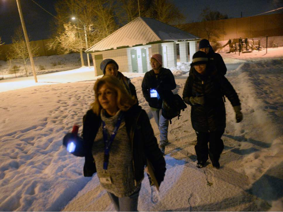 Al Hartmann  |  The Salt Lake Tribune
Volunteers set out at 4 a.m. Thursday Jan. 26 to search for homeless people on the streets for the Point-in-Time Homeless Count.  Their assigned area was around Fairmont Park in Salt Lake City.
Volunteers of America partners with Utah State Community Services Office and the Salt Lake County conducted the annual survey to count unsheltered individuals suffering from homelessness.