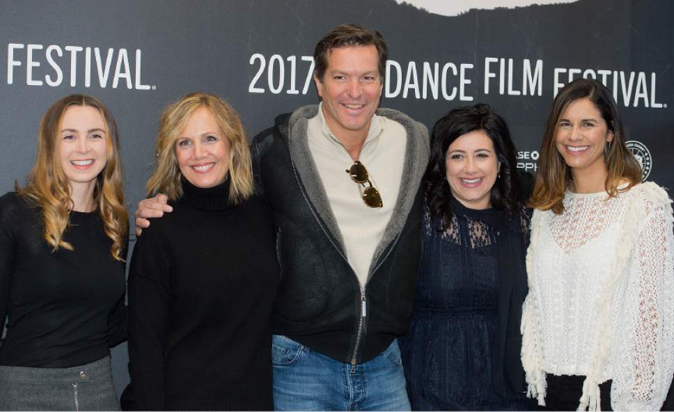 Leah Hogsten  |  The Salt Lake Tribune
l-r  Producer Dani Johnson, screenwriter Julie Rudd, producers Andrew Duncan, Alex Saks and Naomi Scott arrive at the premiere of "Fun Mom Dinner," starring Katie Aselton, Bridget Everett and Molly Shannon, Friday, Jan. 27, at the 2017 Sundance Film Festival in Park City. In the film, four women, whose kids are in the same preschool class, get together for dinner -- and things take an unexpected turn.