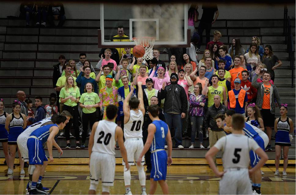 Scott Sommerdorf   |  The Salt Lake Tribune  
The Bingham student section gives Jordan's Crew Wakley some distraction as he shoots a foul shot during first half play as Bingham beat Jordan 67-49, Friday, January 27, 2017.