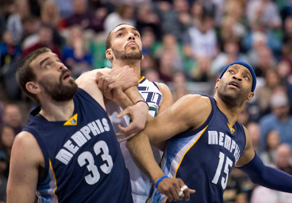 Lennie Mahler  |  The Salt Lake Tribune

Rudy Gobert is boxed out by Marc Gasol and Vince Carter in a game against the Memphis Grizzlies on Saturday, Jan. 28, 2017, at Vivint Smart Home Arena in Salt Lake City.