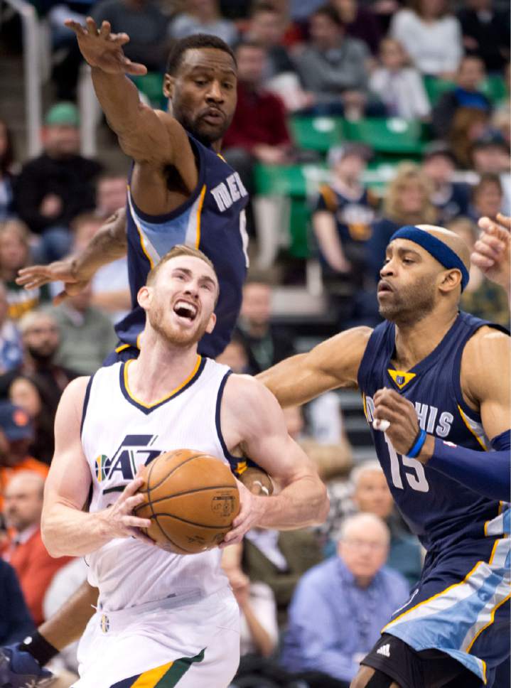 Lennie Mahler  |  The Salt Lake Tribune

Gordon Hayward drives past Tony Allen and Vince Carter in a game against the Memphis Grizzlies on Saturday, Jan. 28, 2017, at Vivint Smart Home Arena in Salt Lake City.