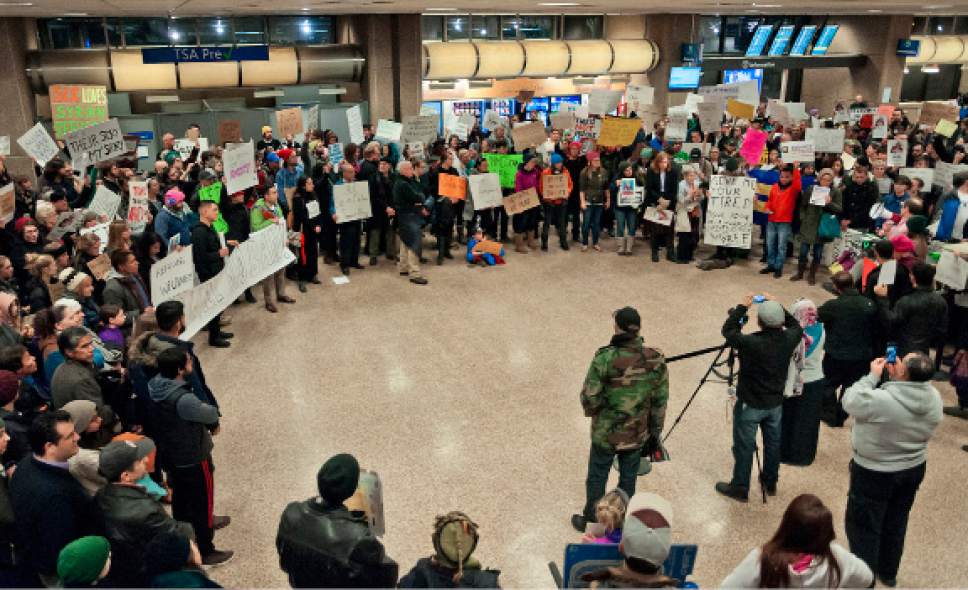 Michael Mangum  |  Special to the Tribune

Crowds of people protested at the Salt Lake City International Airport on Saturday, January 28, 2017 Hundreds gathered to stand in solidarity against President Trump's executive order on immigration, among many other social topics.