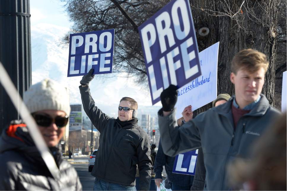 Scott Sommerdorf   |  The Salt Lake Tribune  
Marchers encourage a reaction from drivers as they gather near State Street and 400 South for the "March 4 Life Utah" at the City and County Building, Saturday, January 28.
