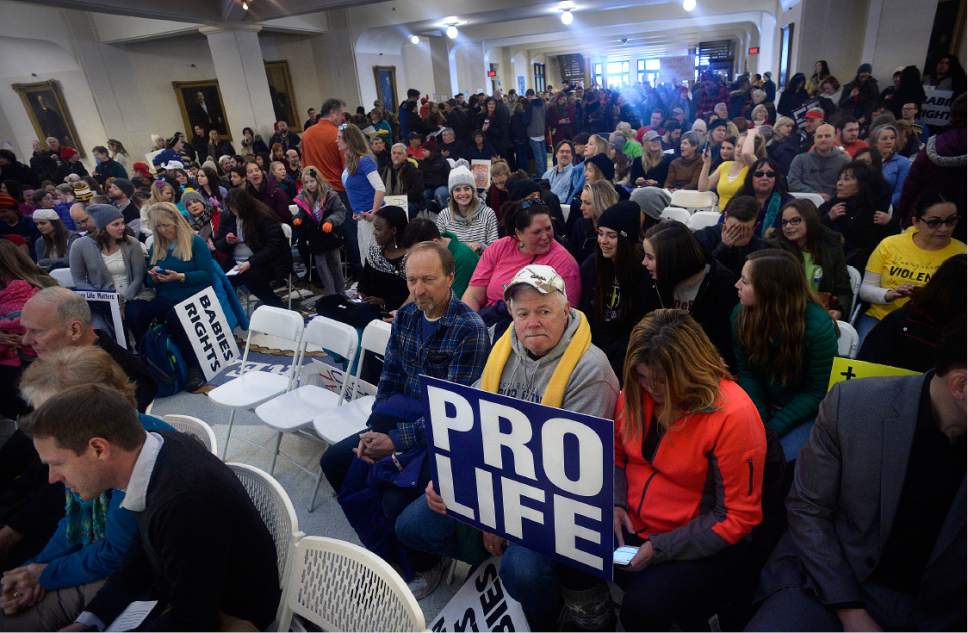 Scott Sommerdorf   |  The Salt Lake Tribune  
Approximately 400 to 500 people gathered in the Hall of Governors at the Utah State Capitoil building after the "March 4 Life Utah" organized by Pro Life Utah, Saturday, January 28, 2017.