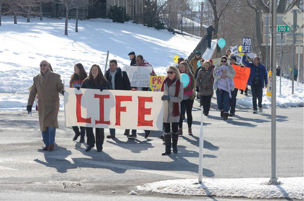 Scott Sommerdorf   |  The Salt Lake Tribune  
The "March 4 Life Utah" organized by Pro Life Utah, arrives at the Utah State Capitol, Saturday, January 28, 2017. They marched from the City and County Building to the Hall of Governors at the Capitol.