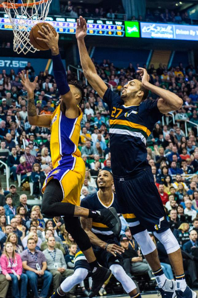 Chris Detrick  |  The Salt Lake Tribune
Utah Jazz center Rudy Gobert (27) goes up to block Los Angeles Lakers guard D'Angelo Russell (1) during the game at Vivint Smart Home Arena Friday October 28, 2016. Utah Jazz defeated Los Angeles Lakers 96-89.