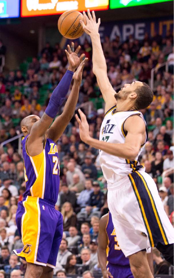 Lennie Mahler  |  The Salt Lake Tribune

Kobe Bryant is blocked by Rudy Gobert during a game at Vivint Smart Home Arena in Salt Lake City, Monday, March 28, 2016.