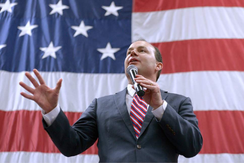 Leah Hogsten  |  The Salt Lake Tribune
Utah Sen. Mike Lee, R-Utah addresses his supporters at the American Preparatory campus in Draper, Saturday, March 19, 2016. Republican presidential candidate Texas Sen. Ted Cruz, R-Texas, Carly Fiorina and Glenn Beck were also in attendance.