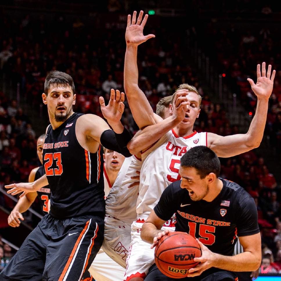 Trent Nelson  |  The Salt Lake Tribune
Oregon State Beavers guard Tanner Sanders (15) defended by Utah Utes guard Parker Van Dyke (5) as the University of Utah hosts Oregon State, NCAA basketball at the Huntsman Center in Salt Lake City, Saturday January 28, 2017.