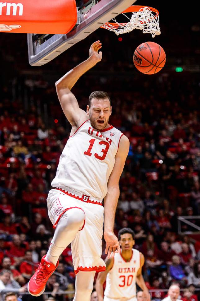 Trent Nelson  |  The Salt Lake Tribune
Utah Utes forward David Collette (13) dunks the ball as the University of Utah hosts Oregon State, NCAA basketball at the Huntsman Center in Salt Lake City, Saturday January 28, 2017.