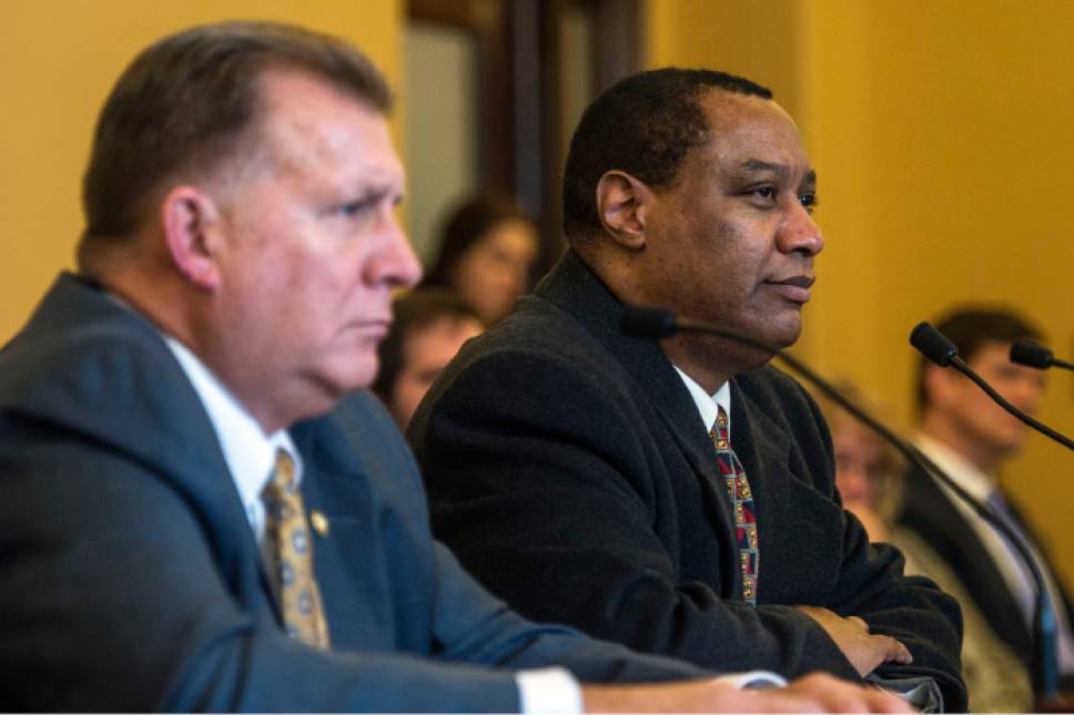 Steve Griffin / The Salt Lake Tribune

James Evans, chairman of the Utah Republican Party, right, is joined by Sen. Curt Bramble, R-Provo as they discuss election law amendments in SB0114 during the Senate Judiciary, Law Enforcement and Criminal Justice Standing Committee meeting at the State Capitol in Salt Lake City Monday January 30, 2017.