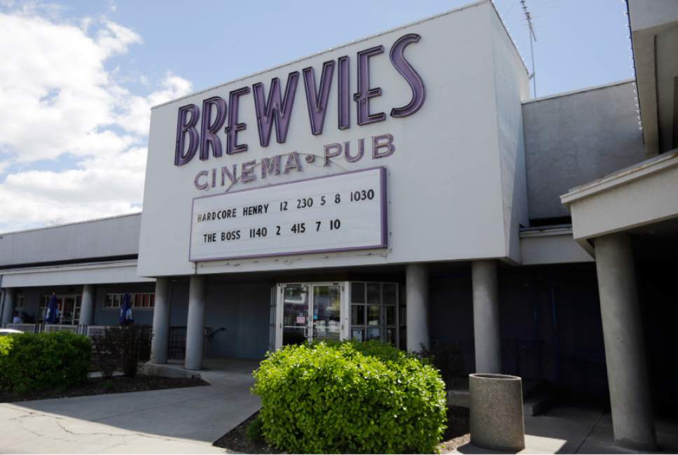 Brewvies Cinema Pub is  viewed Monday, April 18, 2016, in Salt Lake City. Utah alcohol bosses have filed a complaint and will consider revoking the liquor license of a movie theater it says violated a state obscenity law by serving drinks while screening "Deadpool," which features simulated sex scenes. The theater said the law is unconstitutional and has threatened to challenge it in court if the complaint is not dropped. (AP Photo/Rick Bowmer)