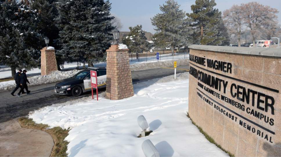 Al Hartmann  |  The Salt Lake Tribune
Salt Lake City Police respond to a bomb threat at the Jewish Community Center Tuesday Jan 31.  Pre-school and kindergarten students were evacuated to the  University of Utah Hospital nearby.