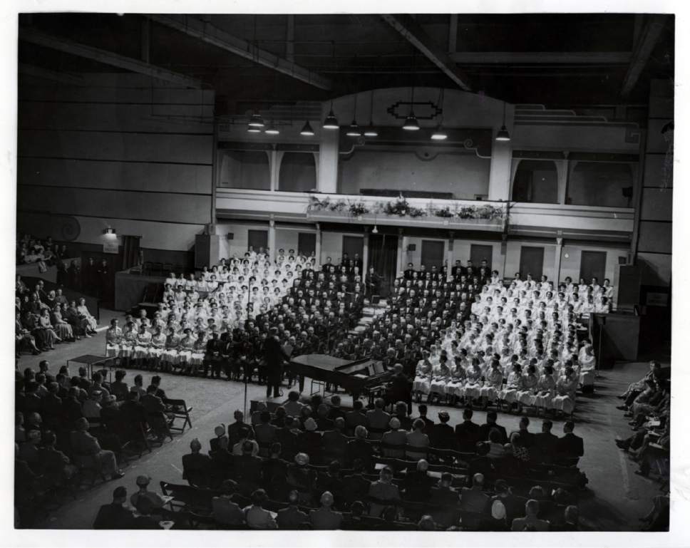 Tribune file photo
The original caption on this photo from August 20, 1955, says: "The Salt Lake Mormon Tabernacle Choir, which is on a tour of Britain and Europe, gave its first concert abroad in the Kelvin Hall, Glasgow, August 20, conducted by  J. Spencer Cornwall. During the day they went on a bus tour of the Trossachs from Glasgow to Loch."