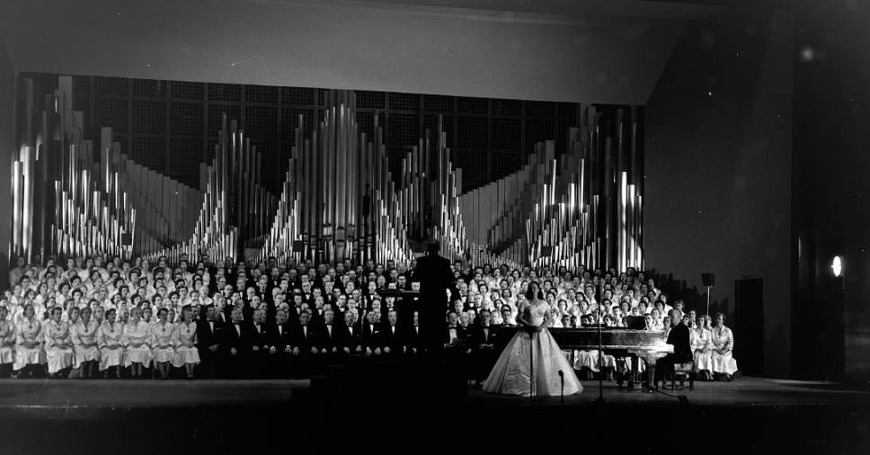 Tribune file photo

The original caption on this photo from Sept. 17, 1955, says: "The Salt Lake City Tabernacle Mormon Choir during its concert inside Palais de Chaillot this afternoon, September 17."