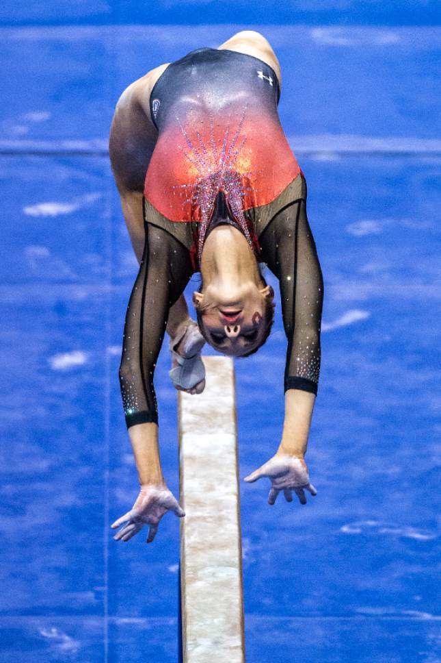 Chris Detrick  |  The Salt Lake Tribune
Utah's Mykayla Skinner competes on the beam during the gymnastics meet against Brigham Young University at the Marriott Center Friday January 13, 2017.