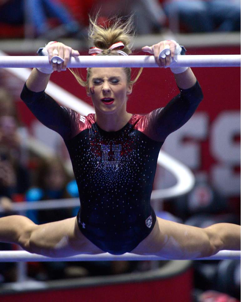 Leah Hogsten  |  The Salt Lake Tribune
MyKayla Skinner performing her bars routine. University of Utah gymnastics fans got their first glimpse of this year's team at the Red Rocks Preview intrasquad meet at the Huntsman Center, Friday, December 9, 2016.