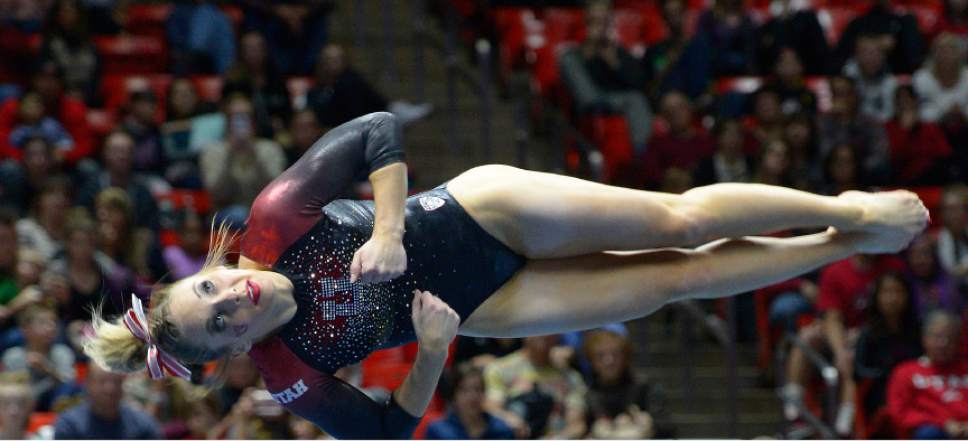 Leah Hogsten  |  The Salt Lake Tribune
MyKayla Skinner performing her floor routine. University of Utah gymnastics fans got their first glimpse of this year's team at the Red Rocks Preview intrasquad meet at the Huntsman Center, Friday, December 9, 2016.