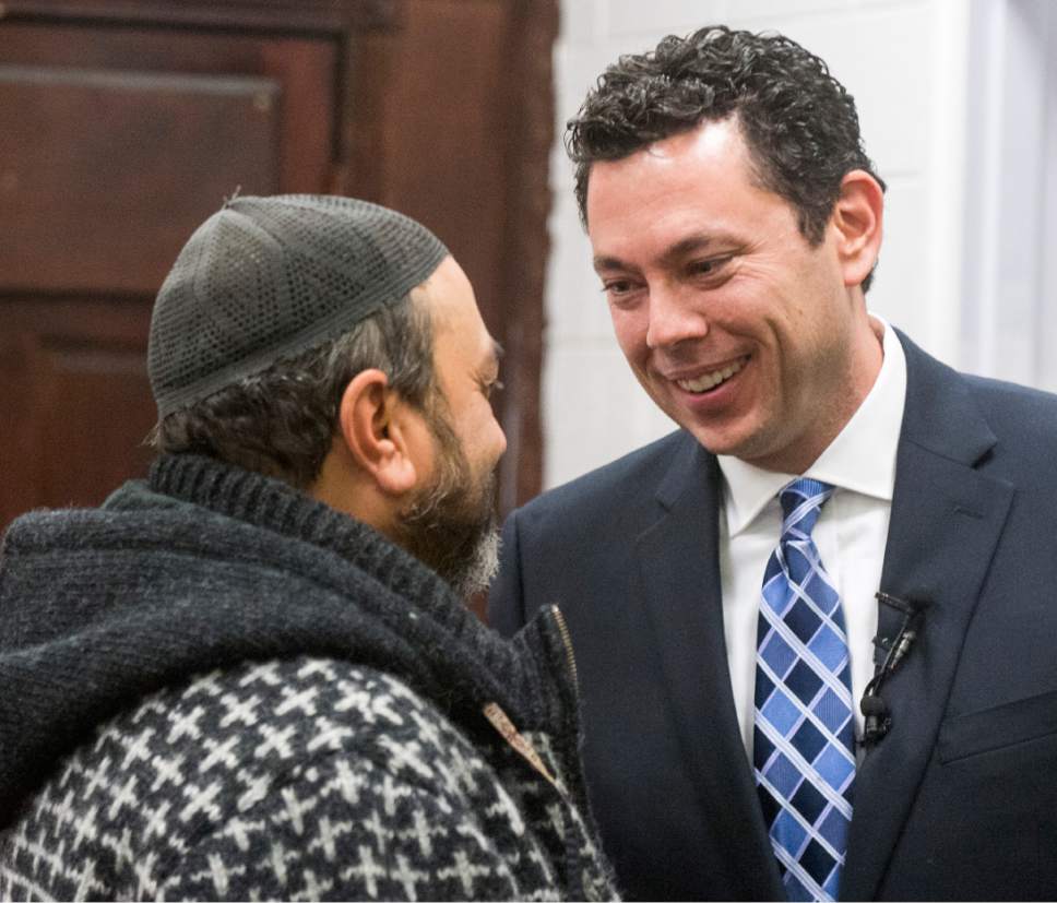 Rick Egan  |   Tribune file photo

Tirek Nosseir visits with Rep. Jason Chaffetz at the Khadeeja Islamic Center, Monday, December 14, 2015. Chaffetz on Monday generally supported President Trump's moratorium on refugee intake and travelers from seven Muslim-majority countries.
