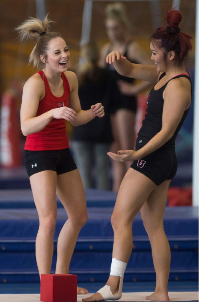 Steve Griffin / The Salt Lake Tribune

University of Utah gymnast MyKayla Skinner, right, laughs with teammate Kari Lee during practice at Dumke gymnastics practice facility on the campus of the University of Utah Salt Lake City Thursday January 5, 2017.