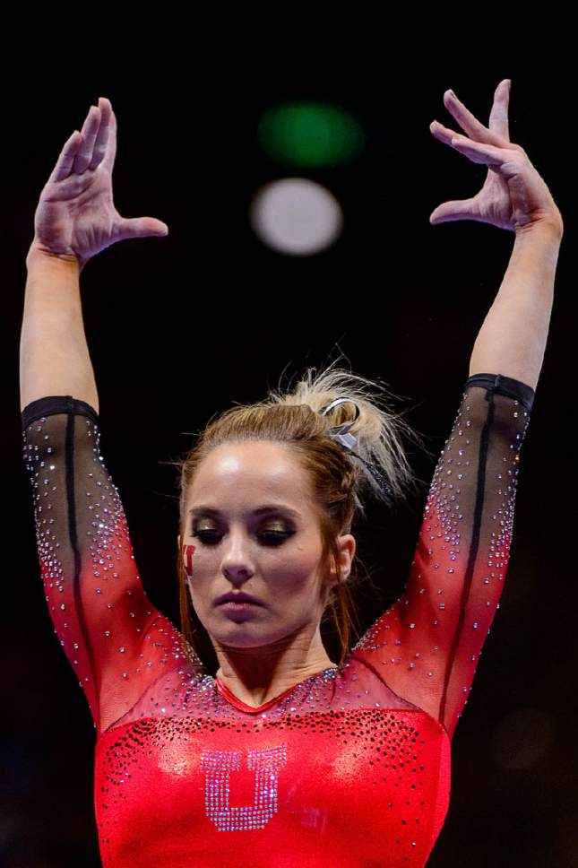 Trent Nelson  |  The Salt Lake Tribune
MyKayla Skinner on the beam as the University of Utah hosts Michigan, NCAA gymnastics at the Huntsman Center in Salt Lake City, Saturday January 7, 2017.