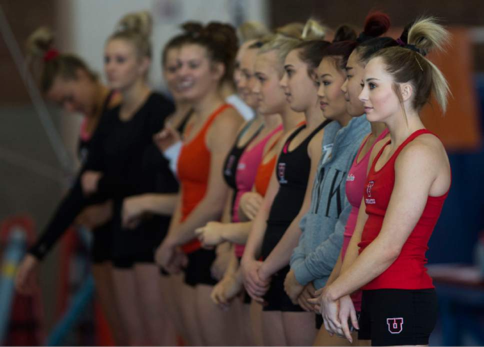 Steve Griffin / The Salt Lake Tribune

University of Utah gymnast MyKayla Skinner, right, during practice at Dumke gymnastics practice facility on the campus of the University of Utah Salt Lake City Thursday January 5, 2017.