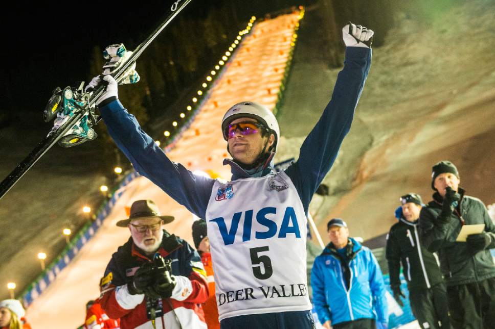 Chris Detrick  |  The Salt Lake Tribune
USA's Mac Bohonnon celebrates during the FIS Freestyle Ski World Cup at Deer Valley Resort Thursday January 8, 2015.  Bohonnon finished in second place with a score of 128.51.