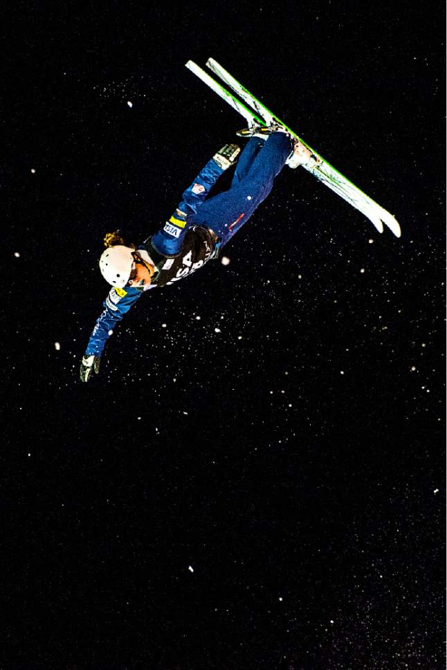 Chris Detrick  |  The Salt Lake Tribune
USA's Ashley Caldwell competes during the FIS Freestyle Ski World Cup at Deer Valley Resort Thursday January 8, 2015.  Caldwell won the Ladies' Aerials competition with a score of 99.78.