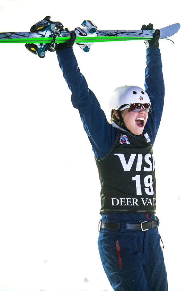 Chris Detrick  |  The Salt Lake Tribune
USA's Ashley Caldwell reacts after winning the FIS Freestyle Ski World Cup at Deer Valley Resort Thursday January 8, 2015.  Caldwell won the Ladies' Aerials competition with a score of 99.78.