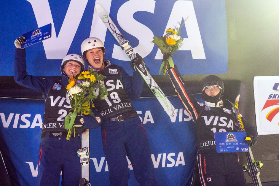 Chris Detrick  |  The Salt Lake Tribune
USA's Kiley McKinnon, Ashley Caldwell and Xiaoxue Shen celebrate after winning during the FIS Freestyle Ski World Cup at Deer Valley Resort Thursday January 8, 2015.