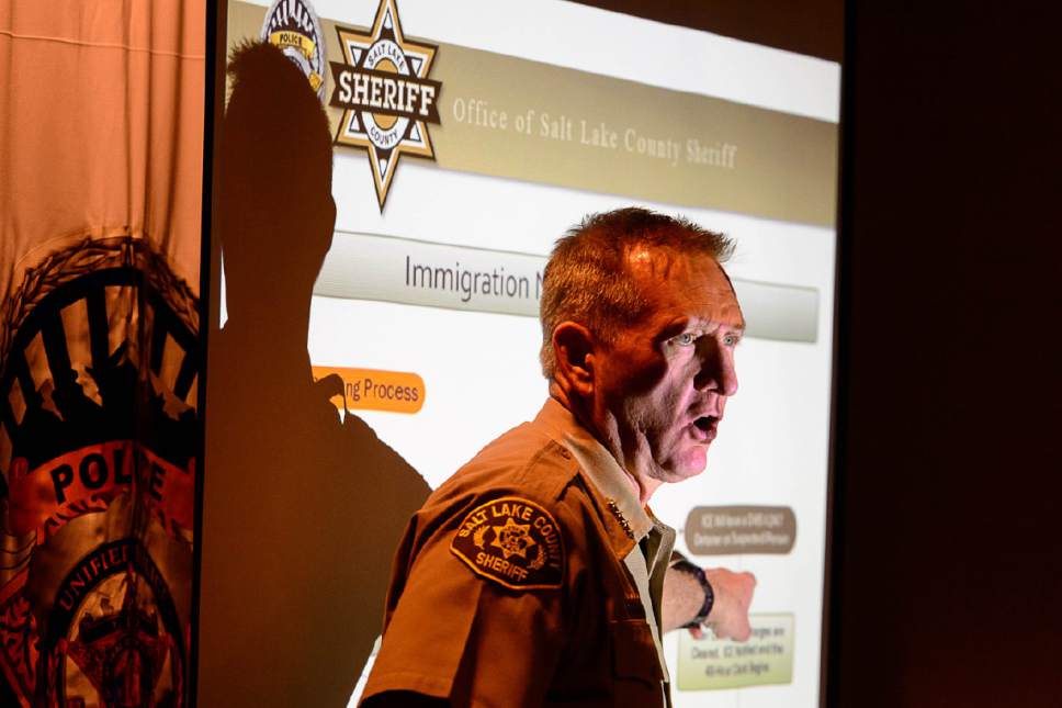 Trent Nelson  |  The Salt Lake Tribune
Salt Lake County Sheriff Jim Winder explains the current process of immigration processing within the Salt Lake County Jail at a news conference in Salt Lake City on Wednesday. According to Winder there has been no change in the County's policies since President Donald Trump's executive order on immigration.