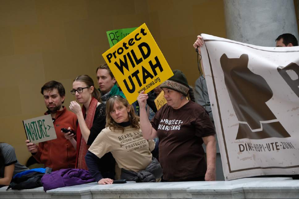 Francisco Kjolseth | The Salt Lake Tribune
Supporters of Bears Ears National Monument gather to protest movement by republicans at the Utah Capitol to move HCR11 and HCR12, resolutions asking President Donald Trump to erase the Bears Ears and alter Grand Staircase-Escalante national monuments, directly to the House floor for debate on Tuesday, Jan. 31, 2017.