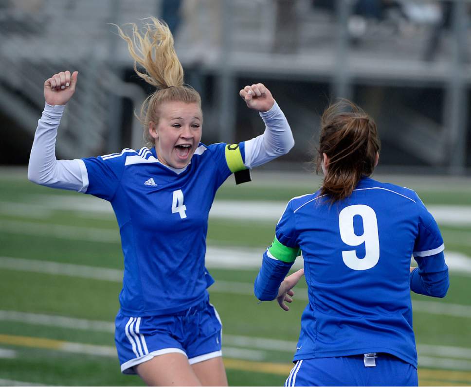 Al Hartmann  |  The Salt Lake Tribune
Fremont High School's Karstyn Peterson, left, celebrates her assist with teammate Katie Allen who scored off that assist for the only goal in 5A semifinal Girl's Soccer match between Fremont High School and American Fork High School Tuesday Oct. 18.