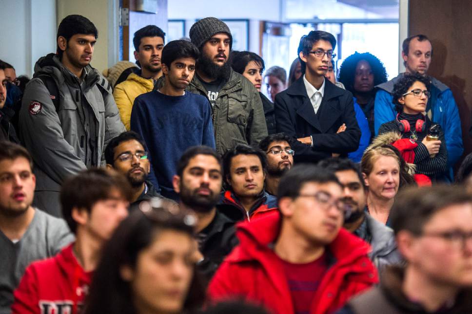 Chris Detrick  |  The Salt Lake Tribune
Students, faculty and staff members listen as International Student and Scholar Services Director Chalimar Swain speaks about President Trump's executive order on immigration in the University Union Building at the University of Utah Tuesday January 31, 2017.