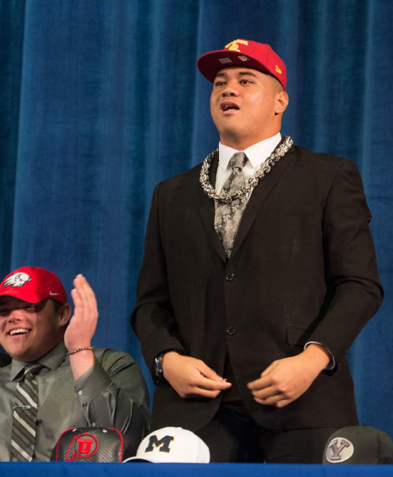 Leah Hogsten  |  The Salt Lake Tribune
Bingham High School senior football player Jay Tufele, one of the most sought-after prep players in state history, announced Wednesday, February 1, 2017 during the school's college signing day that he will attend the University of Southern California to play for the Trojans in the fall.