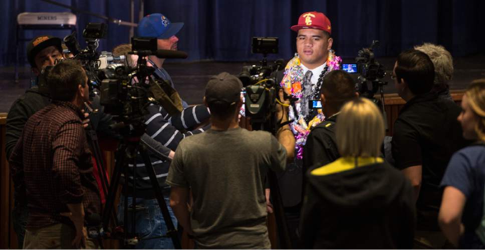 Leah Hogsten  |  The Salt Lake Tribune
Bingham High School senior football player Jay Tufele, one of the most sought-after prep players in state history, announced Wednesday, February 1, 2017 during the school's college signing day that he will attend the University of Southern California to play for the Trojans in the fall.