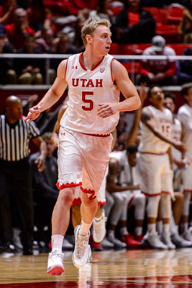 Trent Nelson  |  The Salt Lake Tribune
Utah Utes guard Parker Van Dyke (5) reacts after hitting a three-pointer as the University of Utah hosts Oregon State, NCAA basketball at the Huntsman Center in Salt Lake City, Saturday January 28, 2017.