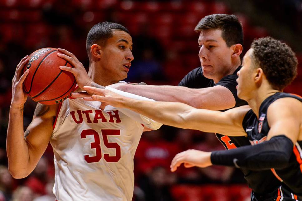 Utah forward Kyle Kuzma (35) is fouled in the final minute against Oregon State during an NCAA college basketball game Saturday, Jan. 28 2017, in Salt Lake City. (Trent Nelson/The Salt Lake Tribune via AP)/The Salt Lake Tribune via AP)