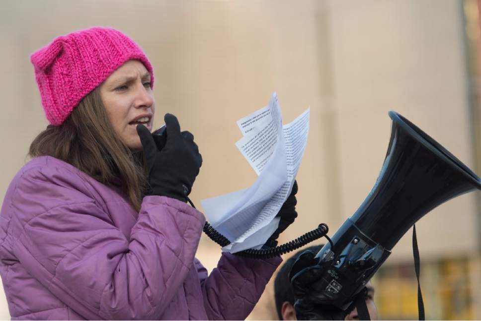 Rick Egan  |  The Salt Lake Tribune

Anna MacNamera speaks to the crowd during a protest against Betsy DeVos as secretary of education Monday, Jan. 30, 2017, at the Wallace Bennett Federal Building.
