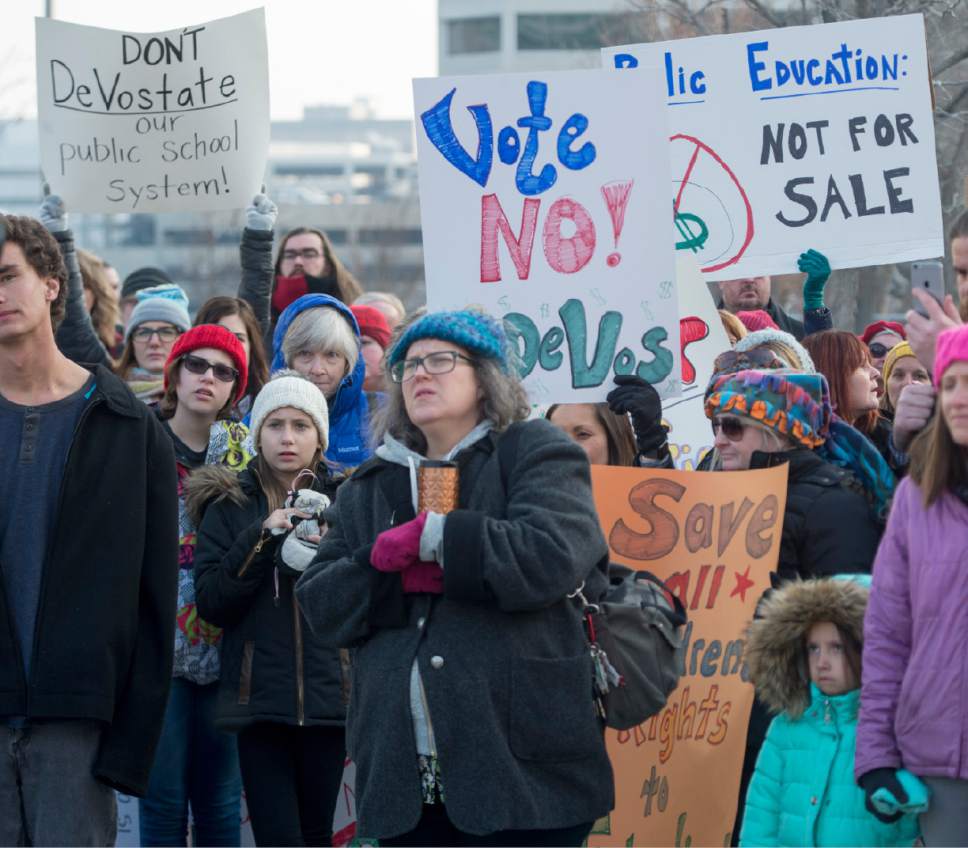 Rick Egan  |  The Salt Lake Tribune

Demonstrators protest the nomination of Betsy DeVos as secretary of education at the Wallace F. Bennett Federal Building on Monday, Jan. 30, 2017.