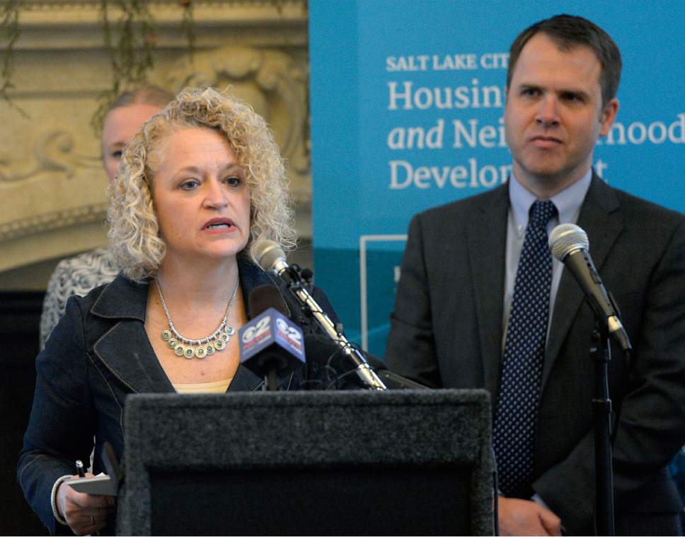 Al Hartmann  |  The Salt Lake Tribune
Mayor Jackie Biskupski, left, and Mike Akerlow, Deputy Director of Community and Neighborhoods speak at announcement of Salt Lake City's first affordable housing plan in 16 years, "Growing SLC: A Five-Year Plan 2017 – 2021." The plan is designed to fundamentally shift the way housing is done in Salt Lake City, strategically addressing short- and long-term housing solutions.